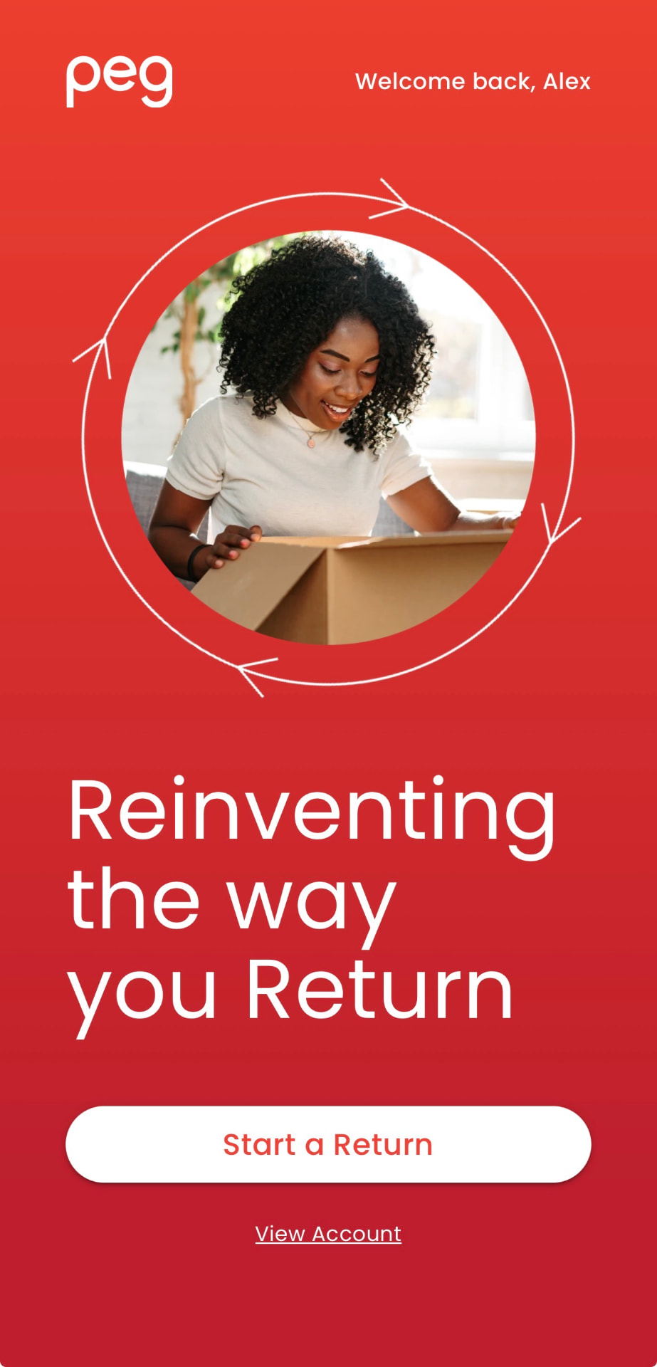 Peg app return screen showing Start a Return